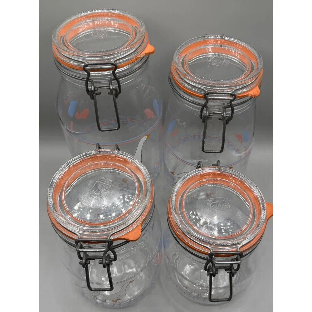 Vintage ARC France Hearts & Geese Glass Canister Set 4 Clamp Lid Wire Bail Jars